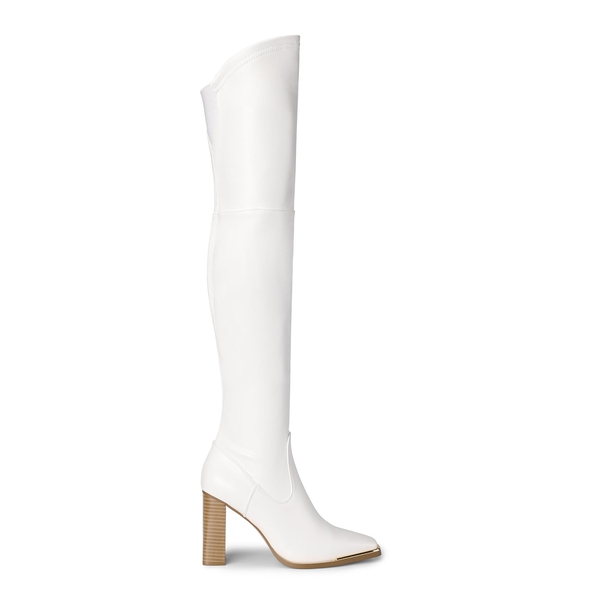 Square Toe High Heel Over The Knee Boots - WHITE PU - 2